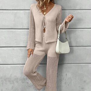 Apricot Casual Womens Solid Tie Front Cardigan & Knit Pants